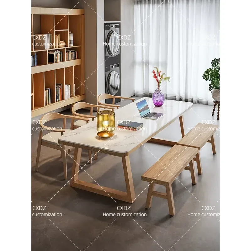 Large Living Room Desk with Sofa Natural Luxury Stone Slab Top Solid Wood Base Long Board Table for Reading Study and