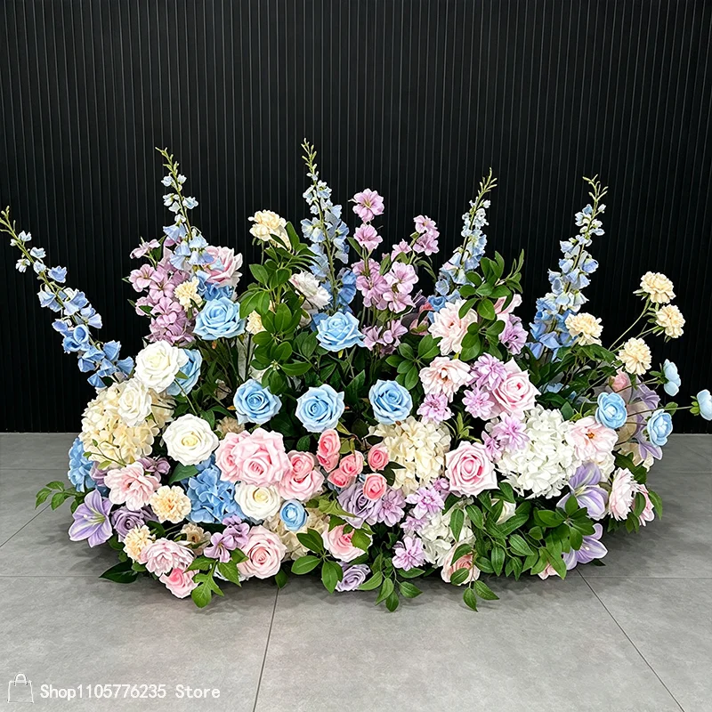 Bunter, gemischter künstlicher Blumen-Hochzeitshintergrund, Rosen-Hortensien-Blumenarrangement, Bühnen-Bodenläufer, Blumen-Partydekoration – Detail 6