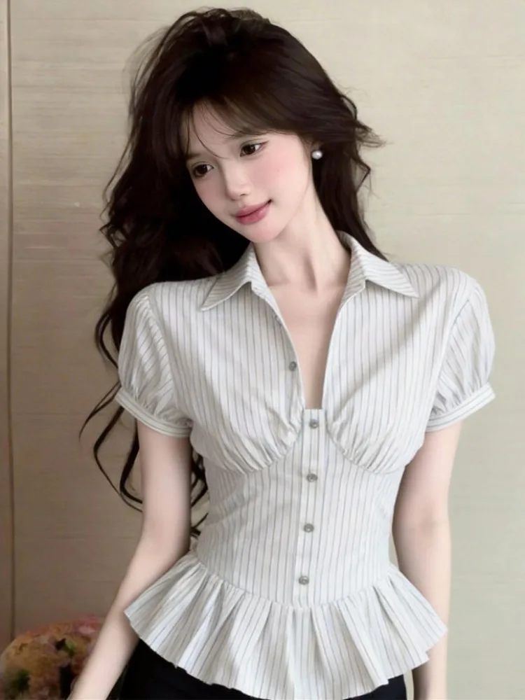 

Sweet Style Women's Shirt Design Sense Waist-Cinching Short Sleeve Back Strap Top Summer Slimming Fashionable Inner Wear