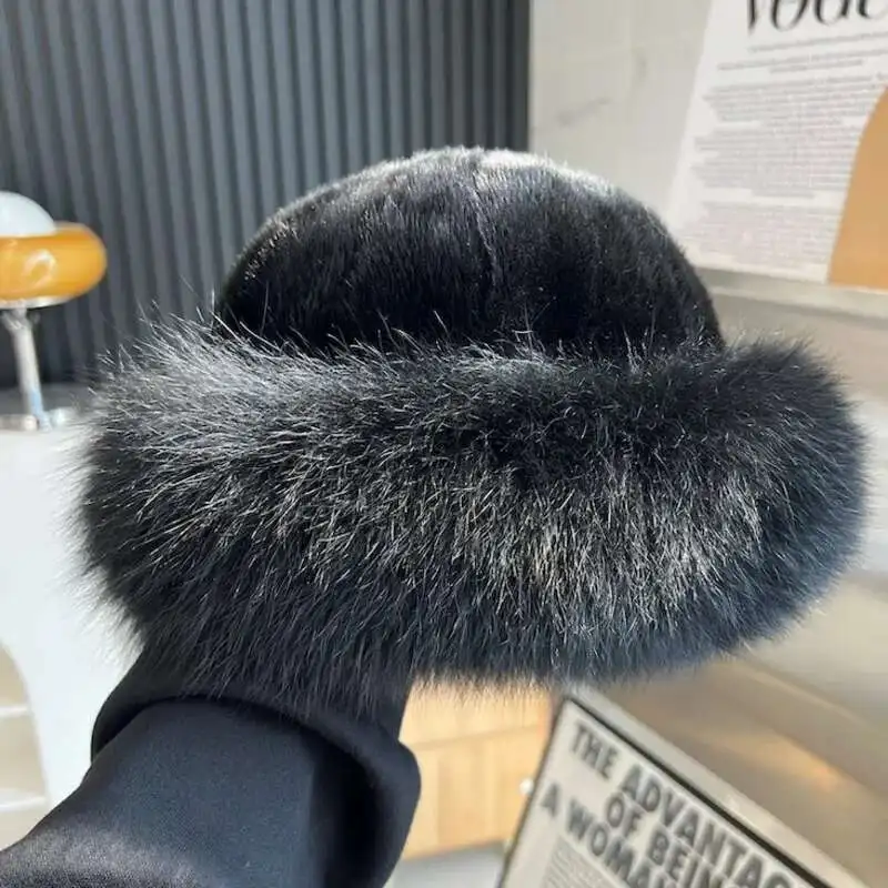 Real Mink Fur Hat For Women Winter Natural Mink Fur Hat With Fox Fur Brim Female Fashion Fisherman Hat Thicked Fur Bomber Hat view 2
