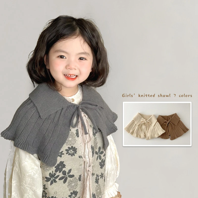 Children's Shawl Autumn and Winter Korean Version Girls Lace Up Cloak Solid Color Knitted Warm Neck Scarf Soft Wool Baby Scarf