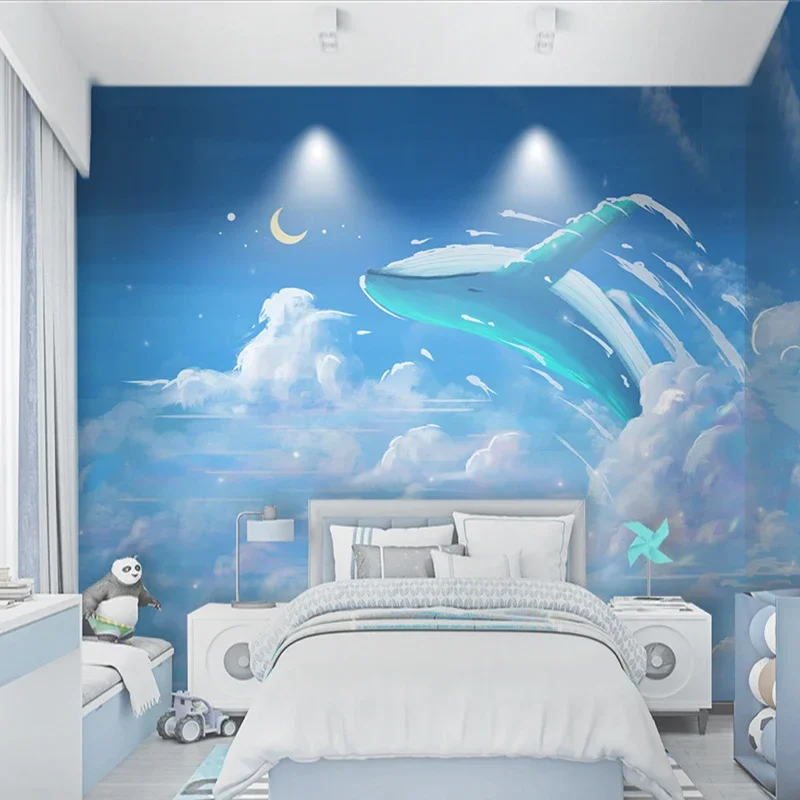 Custom Nordic fantasy ocean cloud whale wallpaper for children's room boys girls murals wallpaper bedroom wall cloth background