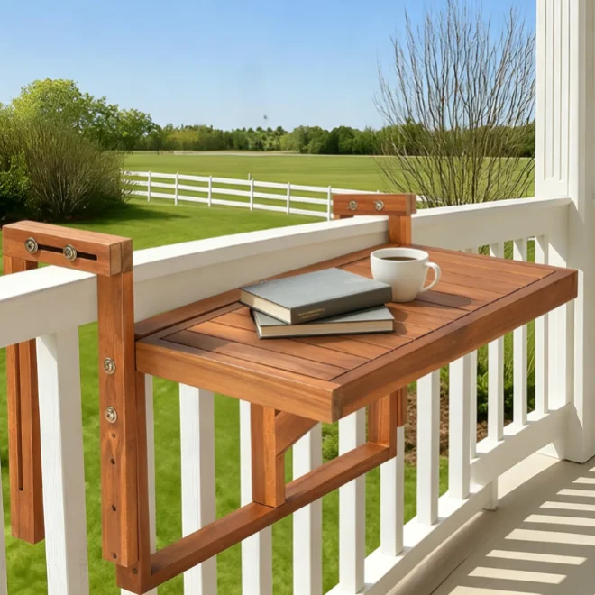 Combohome Balcony Table Acacia Wood Folding Balcony Table For Railings Rectangular Adjustable Hanging Table For Patio Deck Porch