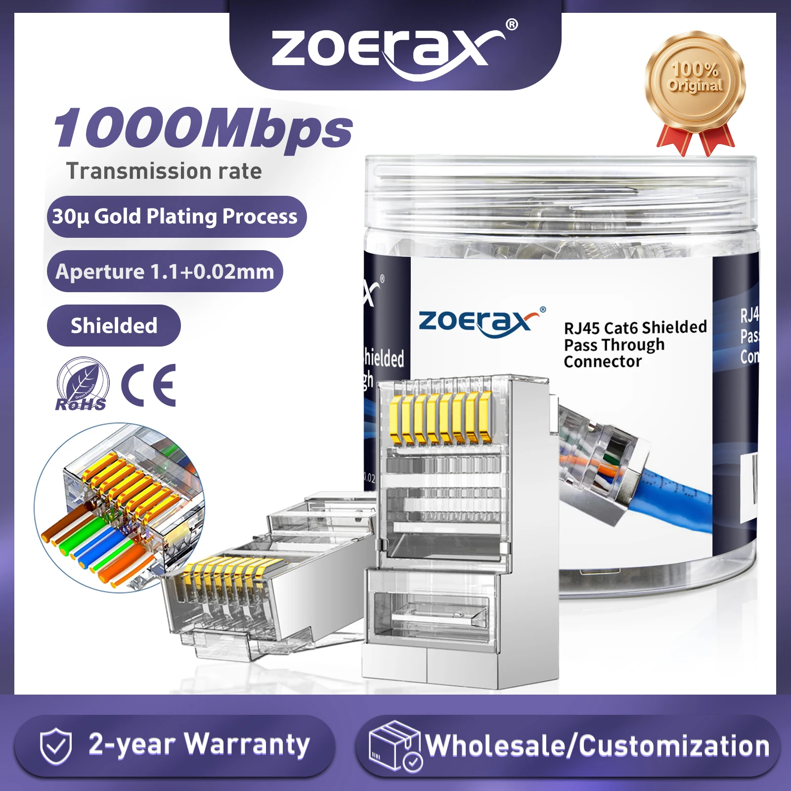 

ZoeRax, 100 шт., сквозной разъем RJ45 Cat6, экранированные модульные вилки RJ45, отверстие 1,1 мм для твердого или многожильного кабеля UTP/STP