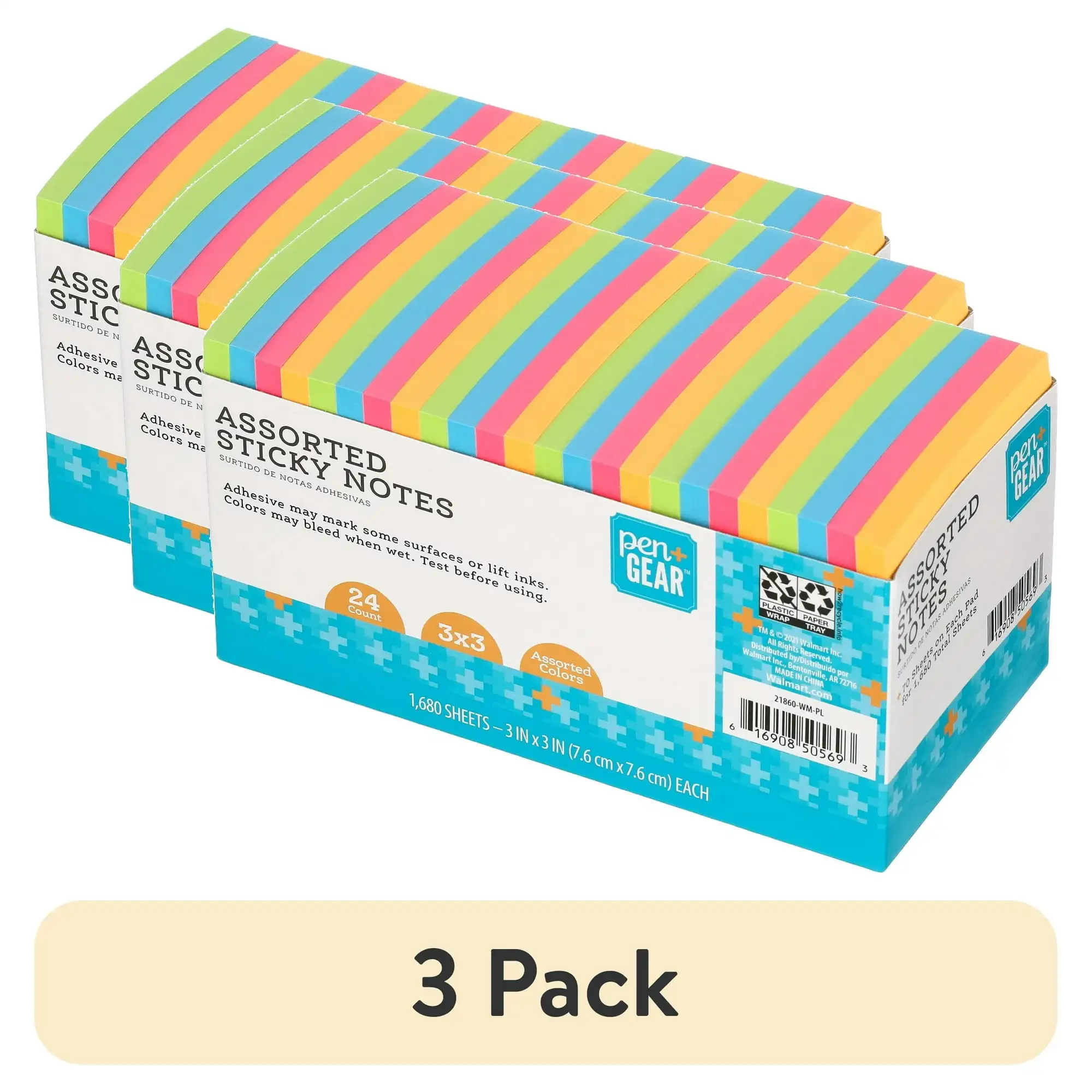 

(3 pack) Pen + Gear Paper Sticky Notes, Neon, 3" x 3", 1680 Sheets, 24 Counts