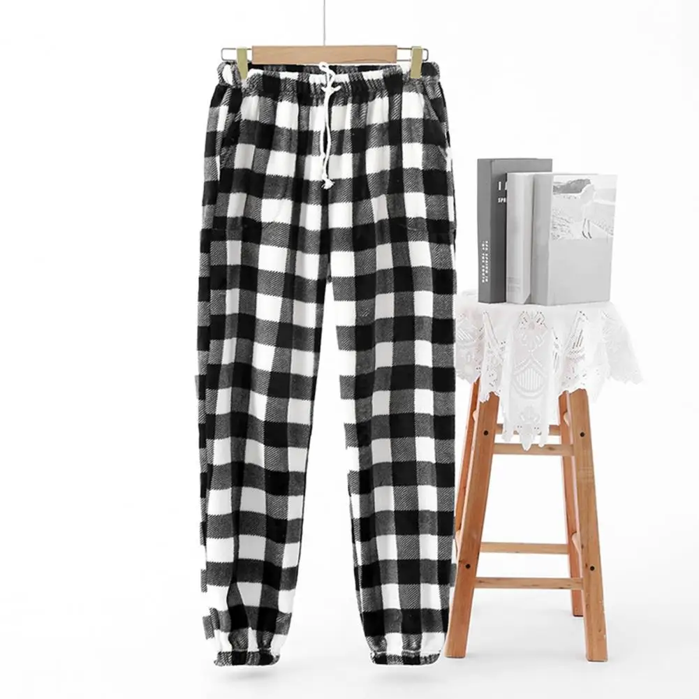 Winter Pajama Pants Thick Plush Elastic Waist Plaid Print Loose Keep Warm Leg-Binding Design Homewear Trousers Lounge Bottoms