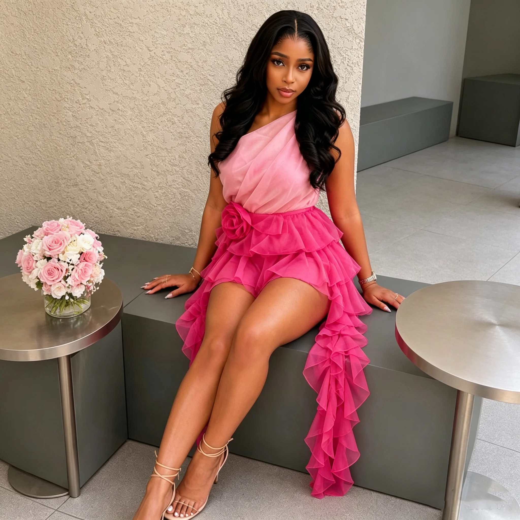 Pink Ombre Tulle Mini Dress One Shoulder Off Shoulder Ruffled High Low Dress With 3D Rose Floral Decor For Birthday Party Club N
