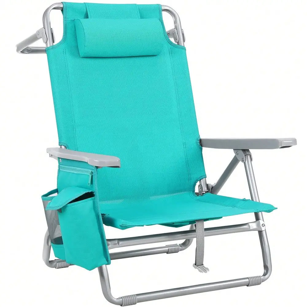 

Wide 25 Low Backpack Beach Chair For Adults W 5Position Lay Flat Headrest, Folding Reclining Beach Chair W Storage Bag, Cooler