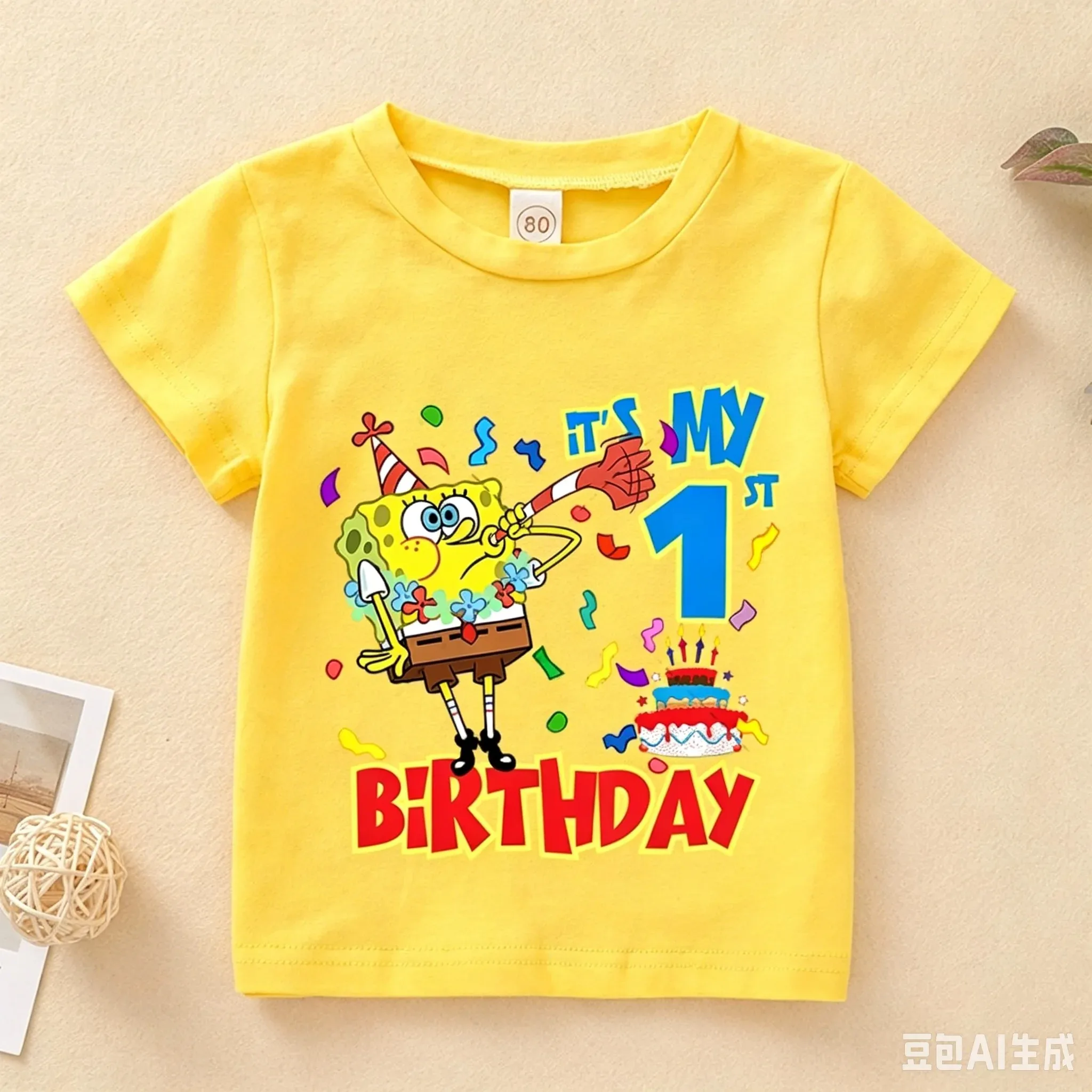 Birthday Gift Summer New Cartoon Fun SpongeBob SquarePants Printed Men's and Women's Pure Cotton Children's Parent Child T-shirt
