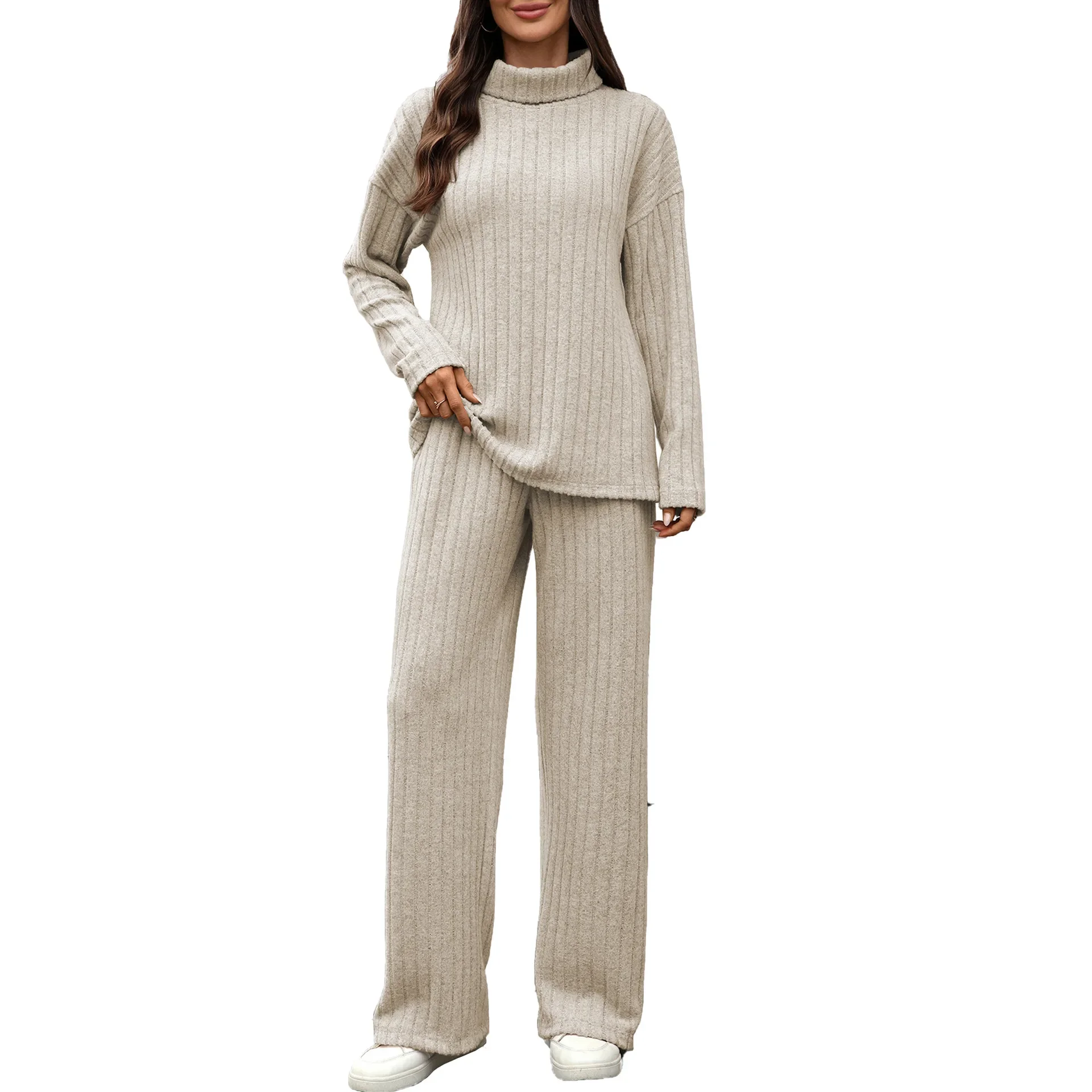 Loose Wide Leg Pants Two Piece Set Women's High Collar Long Sleeve Casual Pocket Cross-Border 2025 New Style Polyester Fiber