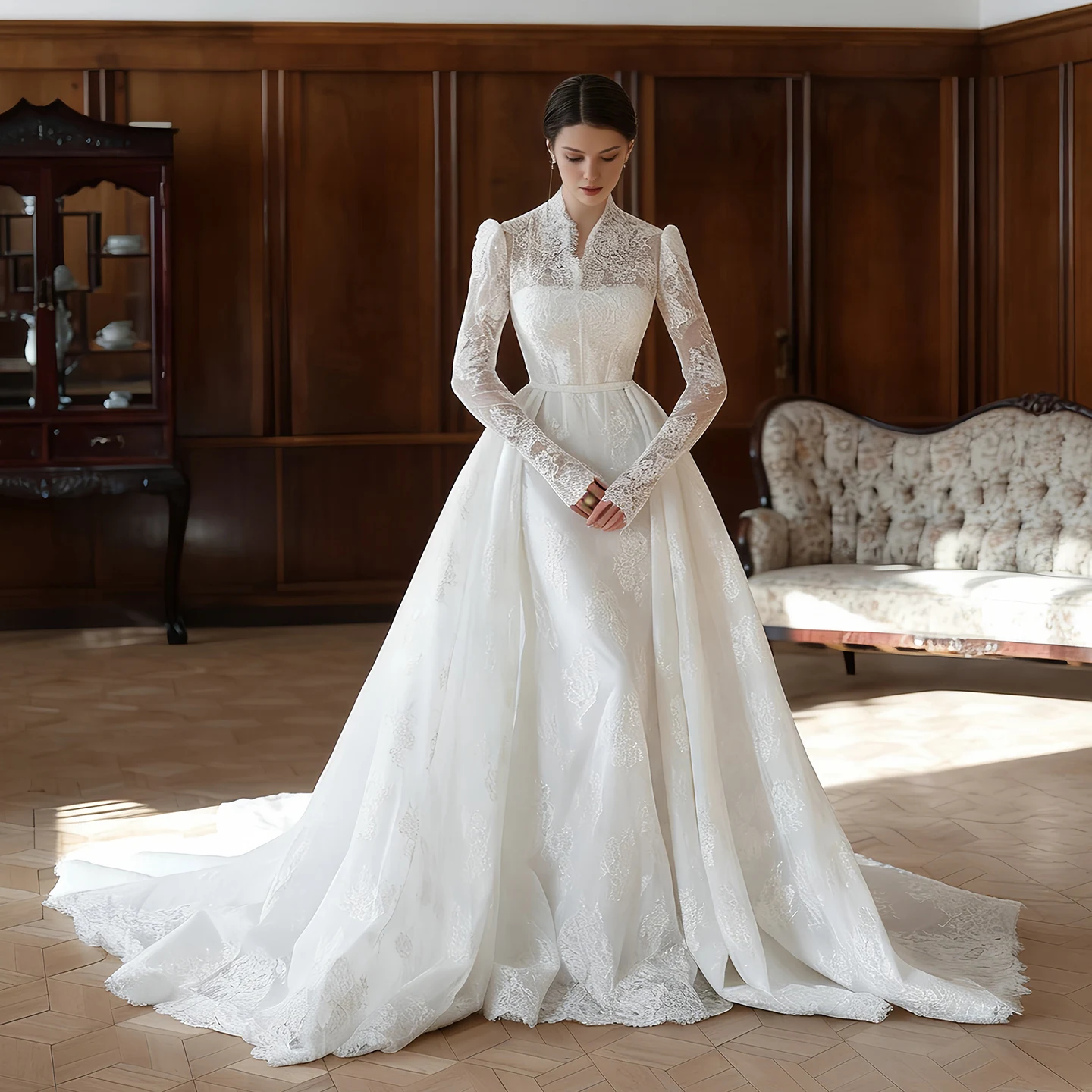 

Sharon Said Elegant High Neck Lace Wedding Dress Long Sleeves Mermaid Bridal Gown with Detachable Overskirt SW279 Customized