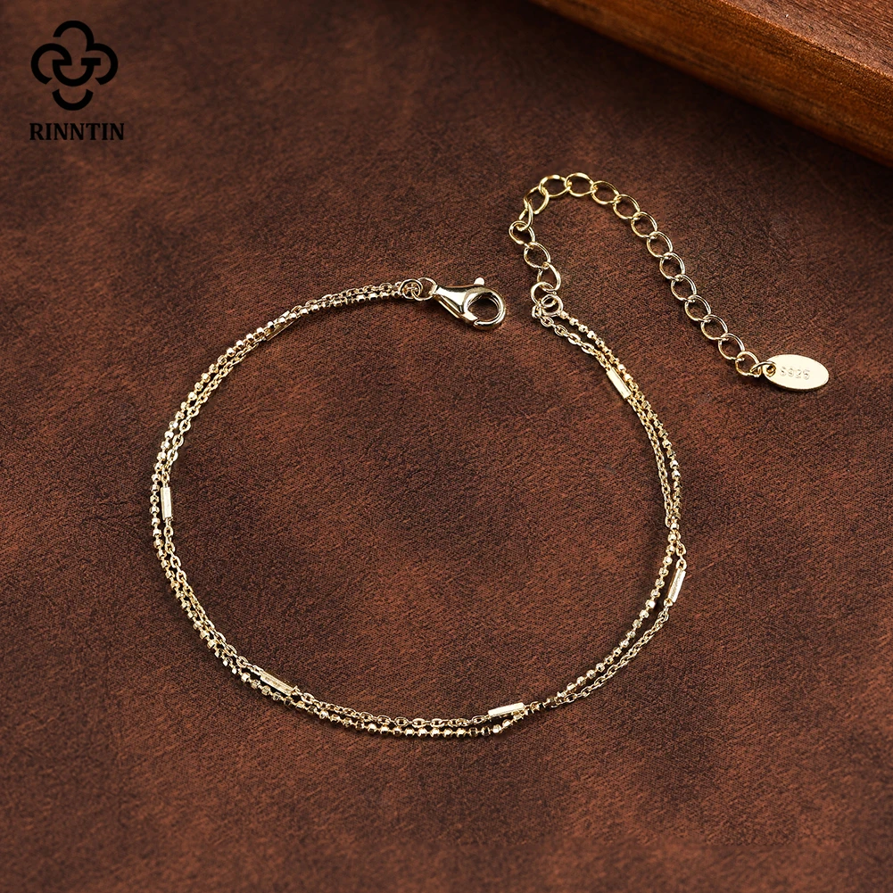 Rinntin 925 Sterling Silver Double Cable Chain Bracelet with Horizontal Bar for Women Fashion Elegant Hand Chain Jewelry SB219