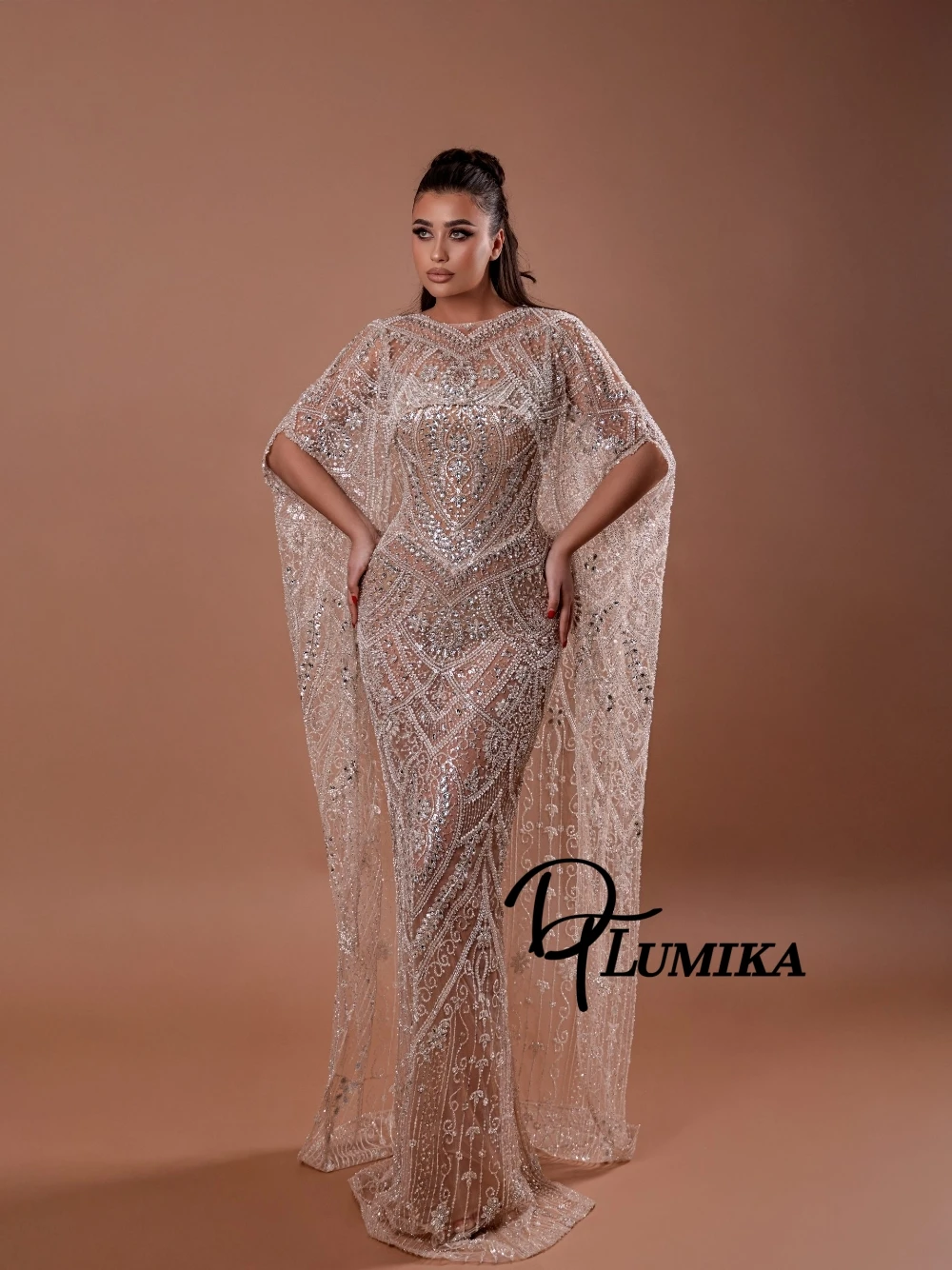 

DTLumika Dazzling Beaded Evening Dress With Long Cape Customized Exquisite Crystals Mermaid Prom Gown Celebrity Birthday Wear