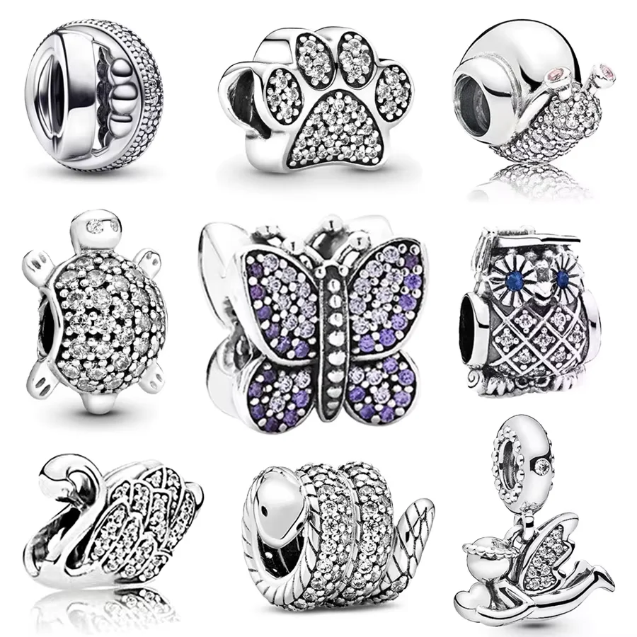 Hot Sparkling Sea Turtle Butterfly & Paw Print Pavé Charm Bead Fit Original 925 Sterling Silver Pan Bracelet DIY Women Jewelry