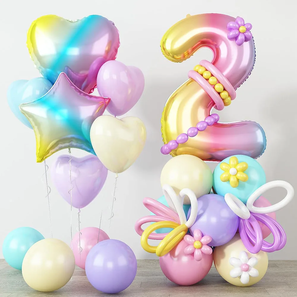 Balloon Set, 40inch Rainbow Gradient Balloon with Heart-Shaped and Stars Aluminum Foil Balloon Pastel Balloon DIY Balloon Stand Suitable for 1-9Th Birthday Unicorn Party Decoration