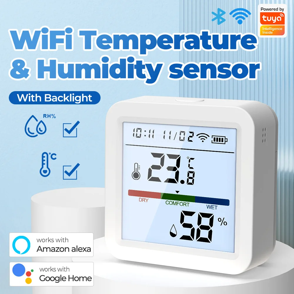 Tuya Smart Temperature And Humidity Sensor WiFi With Backlight Indoor Hygrometer Voice Control Via Alexa Google Home Equipment