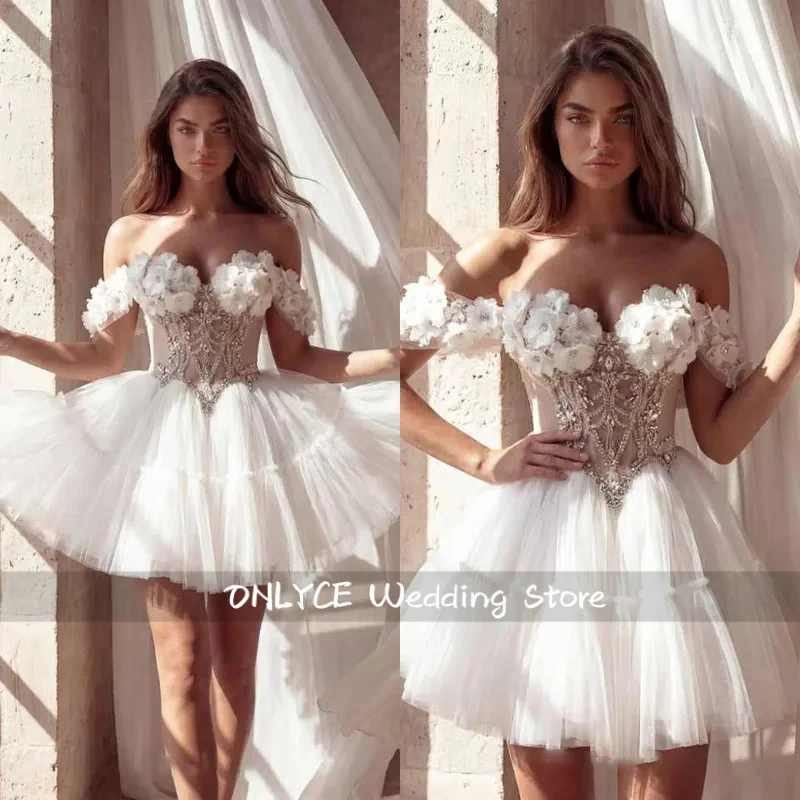 Fashion Mini Evening Dresses Sweetheart Neck Off Shoulder Sleeveless Gown 3D Appliques Crystal Short Dress Party Customized