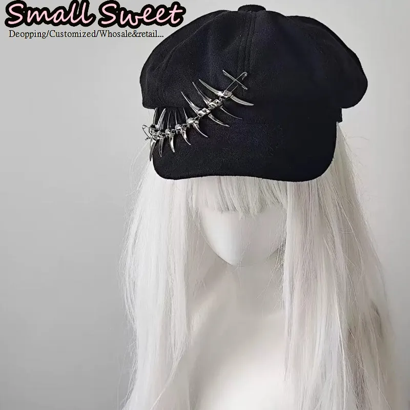 Women Y2K Spicy Girl Subculture Punk Rivet Snake Skull Bone Alternative Fashion Beret Harajuku Gothic Halloween Versatile Hat