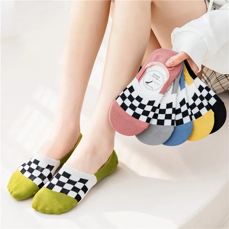 1PR Pure-Cotton  Women Spring Summer Chessboard Plaid Invisible Female Socks Style Avocado Green Silicone Non-Slip Short Cotton