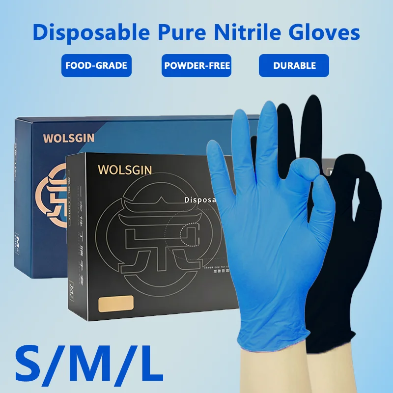 Black/Blue Disposable Pure Nitrile Gloves, Food-Grade, Waterproof, Multipurpose, Suitable for Household Cleaning and More