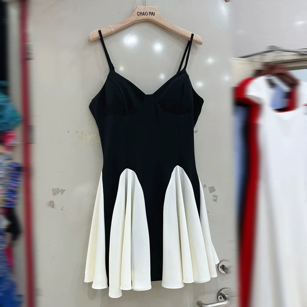 

Европейское и американское нишевое французское платье на подтяжках, женское тонкое короткое платье контрастного цвета со знаменитостями-GZXX243