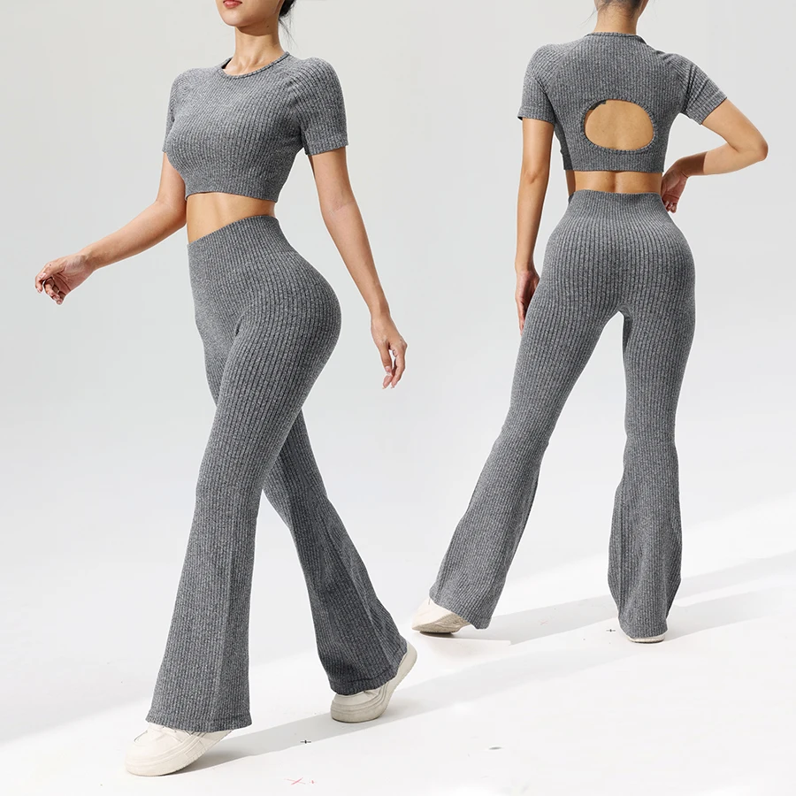 2-teiliges Set für Damen, nahtlos, ausgestellte Hose, Outfit, Low-Back-Crop-Top, ausgestellte Hose, Set, Fitnessstudio, Yoga, Kleidung, sexy für Clubs, Date Nights