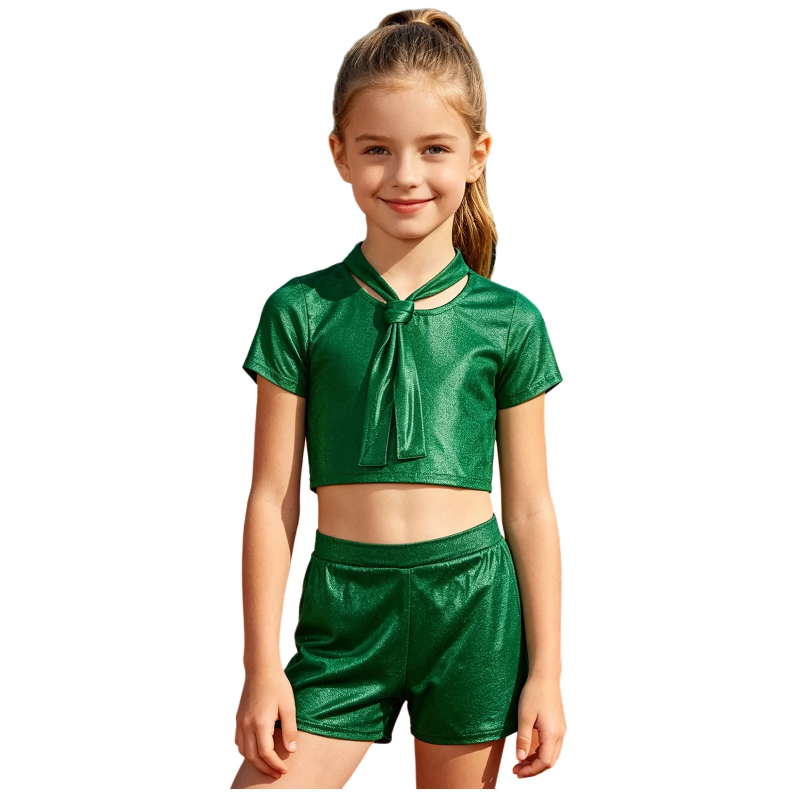 Kid Boys Girls 2-piece Jazz Dance Outfit Metallic Short Sleeve Necktie T-shirt with Shorts Cheerleading Hip Hop Street Dancewear