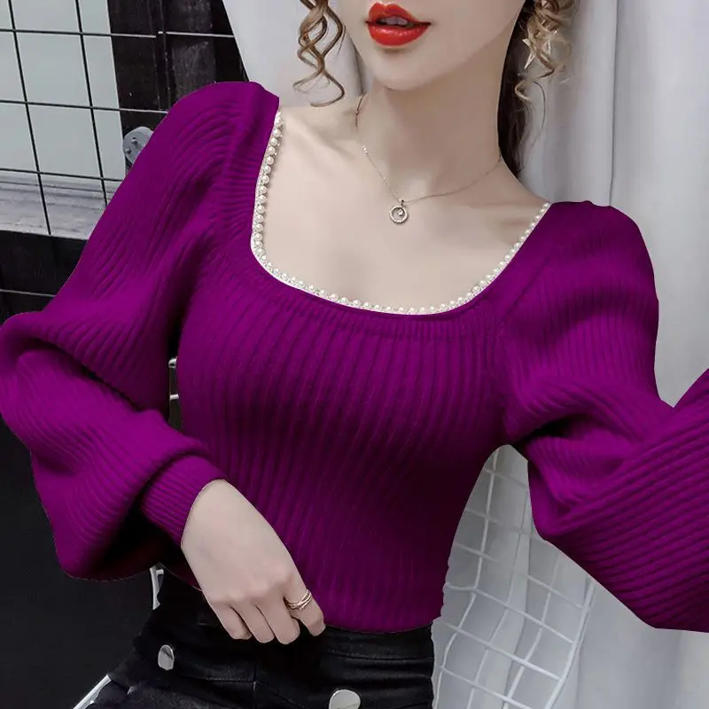 Fashion Square Collar Knitted Spliced Beading Sweaters Female Clothing 2023 Autumn New Casual Pullovers Solid Color Commute Tops