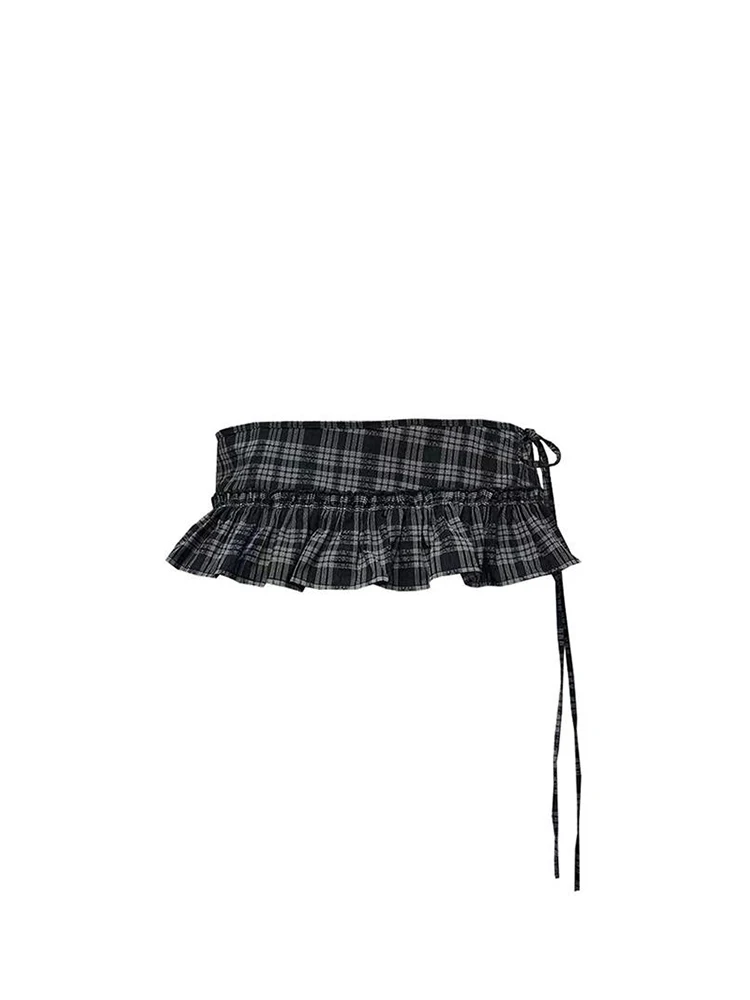 Korean Style Plaid Lace Apron Skirt Women's New 2026 One-Piece Apron Overlap Hem Skirt Covering Half the Body And Butt