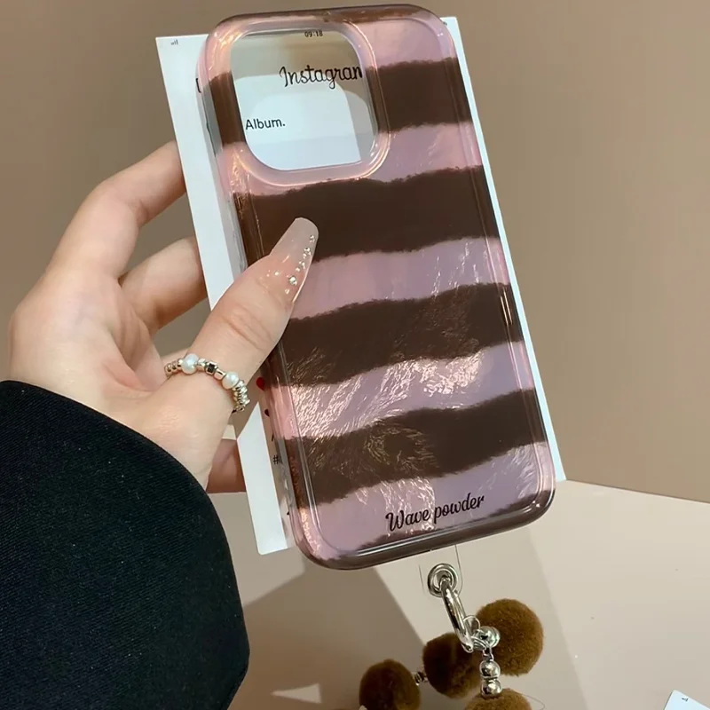 Perforated vortex shell IND pink brown striped phone case Plush ball chain for iPhone 11 12 13 14 15 16 pro max