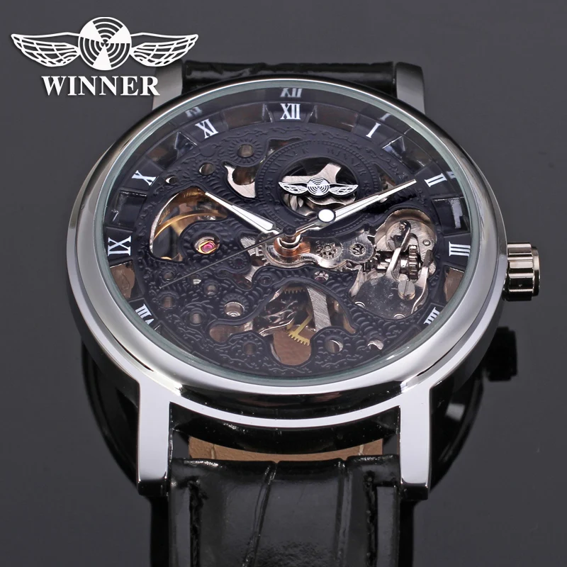 T-WINNER الكلاسيكية الجوف محفورة رجالي ساعات آلية حزام من الجلد الأرقام الرومانية مؤشرات مضيئة رجل الأعمال ساعات المعصم