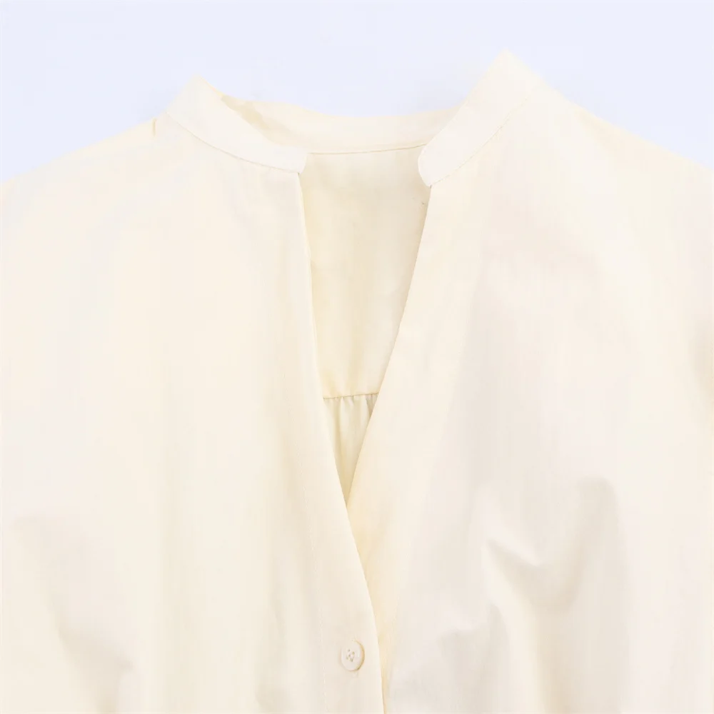 خريف جديد الملابس النسائية مزاجه سليم صالح جولة الخامس الرقبة فقاعة الأكمام القوس حزام قميص نمط الشق اللباس #3