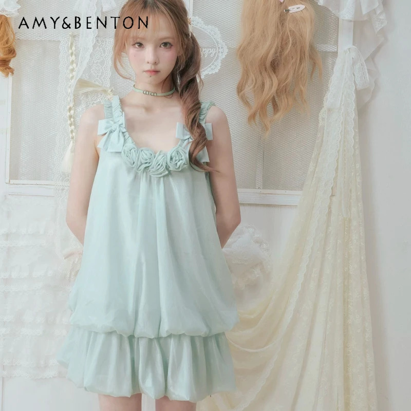 

2026 Summer New Mint Green Women's Clothing Japanese Design Sweet Cute Bow Lace Y2k Loose Thin Sleeveless Sling Dresses Ladies