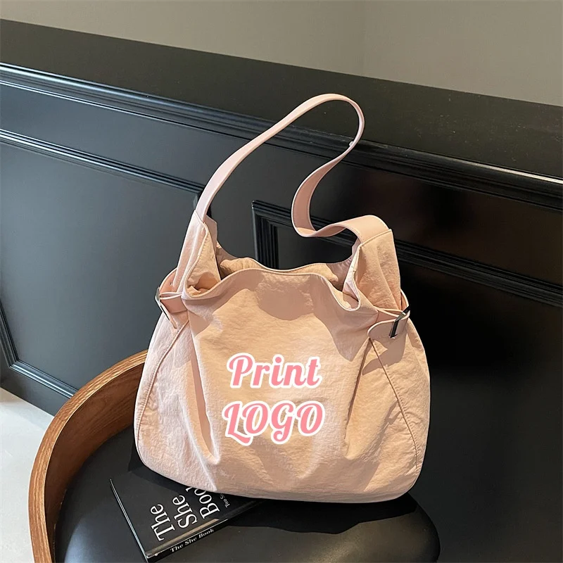 Custom Logo Soft Tote Bag, Customizable Large Capacity Nylon Shoulder Bag, Casual Water Resistant Hobo Bag for Women