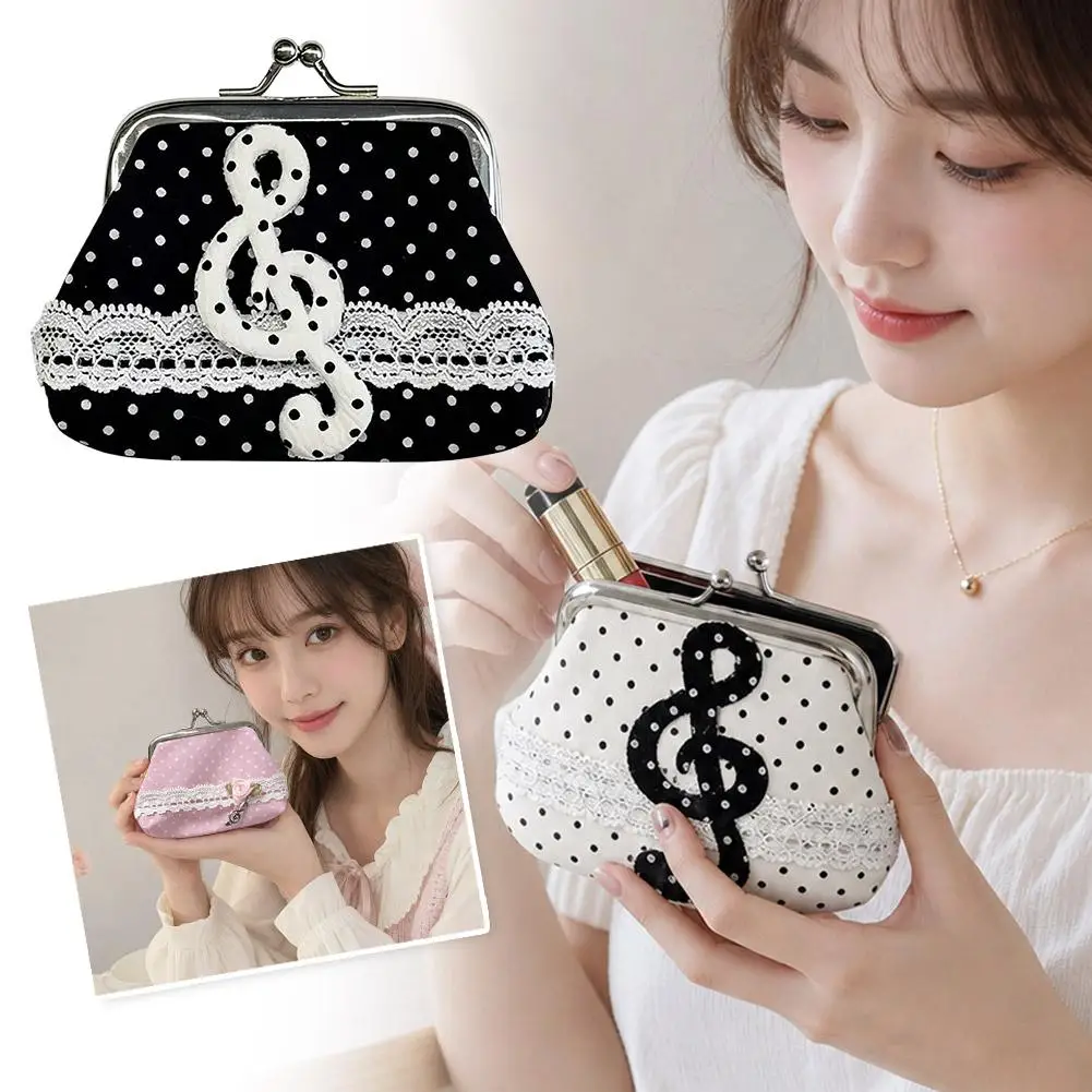 Retro Mini Pouch Polka Dot Coin Bag Women's Small Wallet Lace Decor Music Note Pendant Portable Storage Organizer