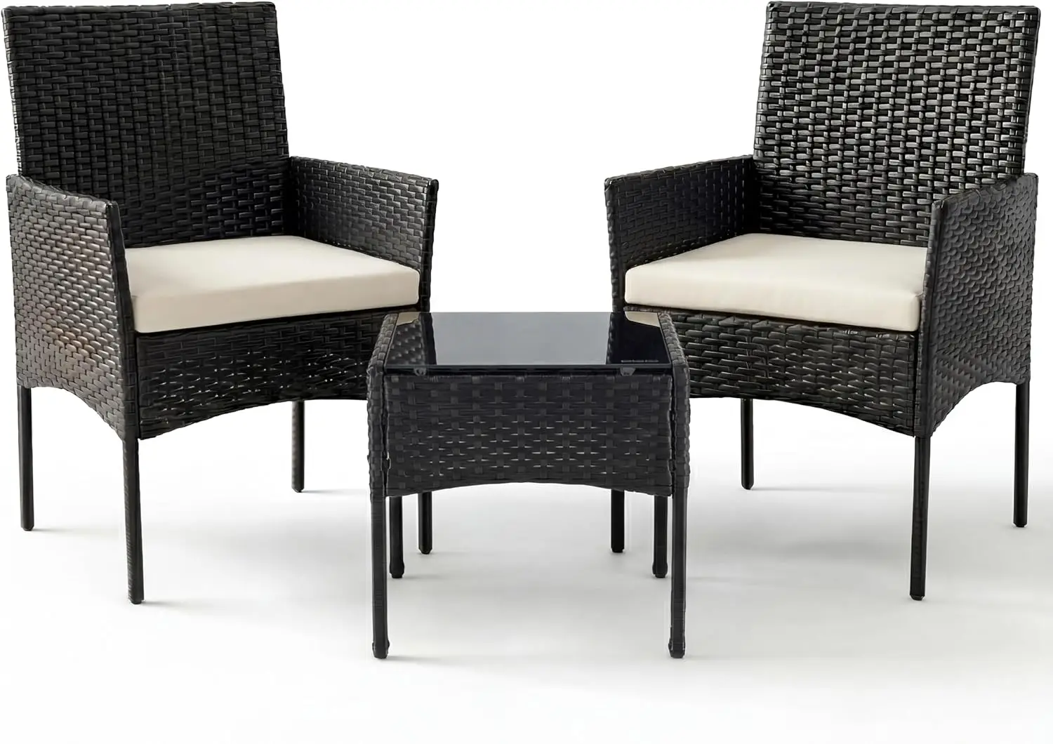 Outdoor Wicker Bistro Set, 3-Piece Patio Furniture, Black | All-Weather Rattan, Removable Cushions, Tempered Glass Table, Small Conversation Seating For Porch Balcony Deck Backyard