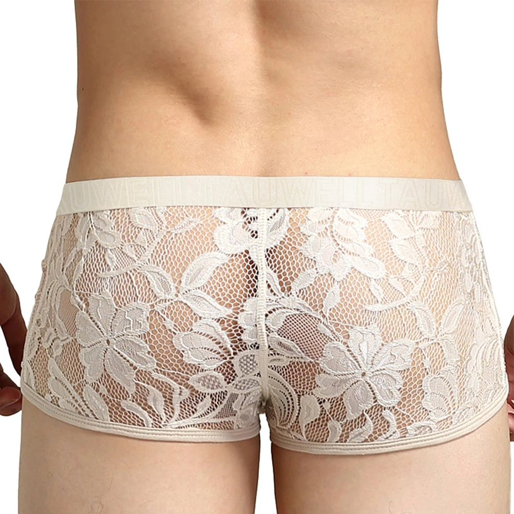 

Men Sheer Lace Low Rise Trunk Breathable Briefs See Through Shorts Hollow Out Underwear Solid Color Erotic Hombre Lingerie