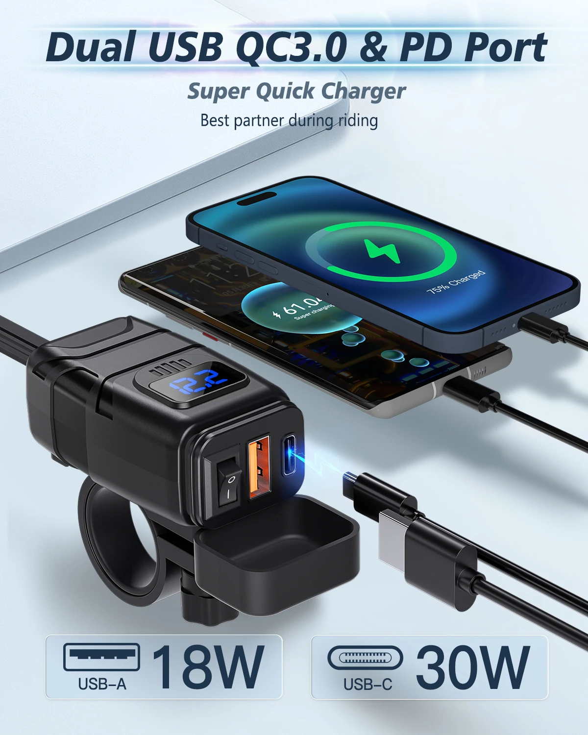 

Motorcycle Waterproof Socket Fast Charger Handlebar Mounting Bracket Charger with Switch Digital Voltmeter Dispaly