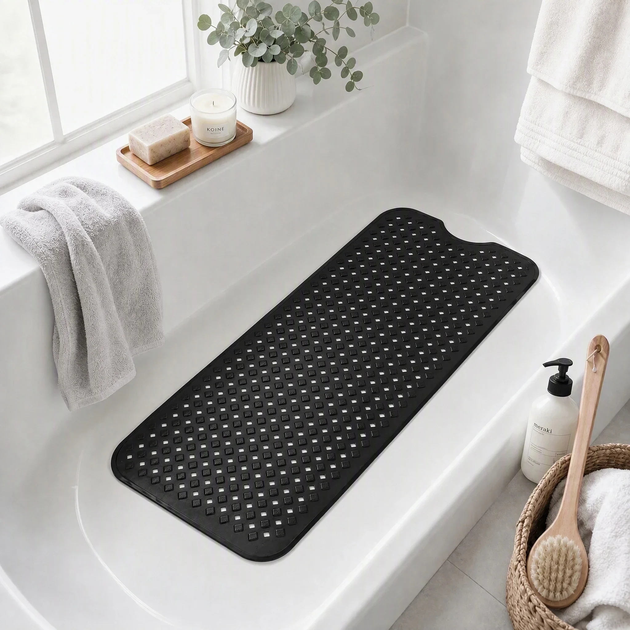 40x100cm PVC Black Diamond Shower Mat, Extra Long Non-Slip Bath Mat for Bathtub & Shower Floor