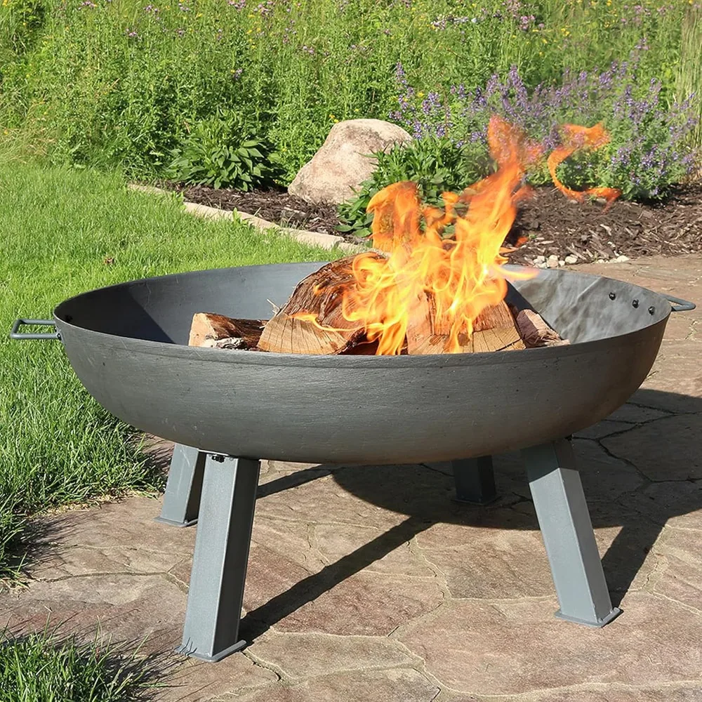 

34-Inch Cast Iron Heavy-Duty Fire Pit for Outside - Wood-Burning Outdoor Fire Pit Bowl with Handles - Steel Finish