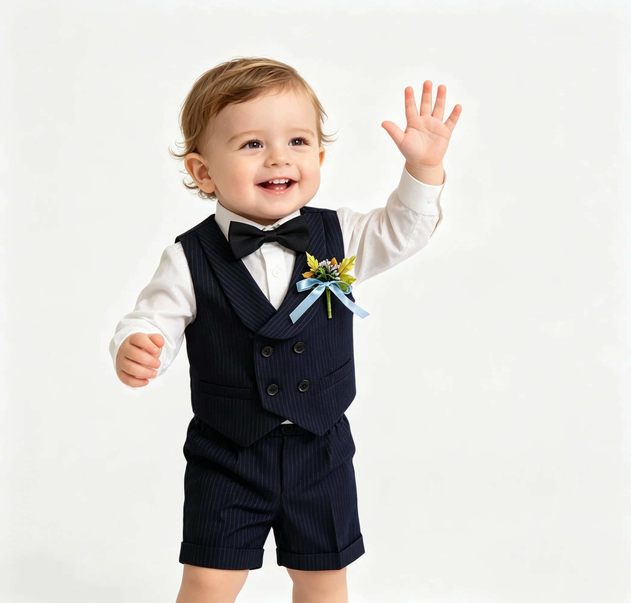 Baby Boy Pinstripe 4PCS Short Suit Vest Shorts Shirt Bow Tie Brooch Toddler Wedding Ring Bearer Gentleman Birthday Formal Outfit