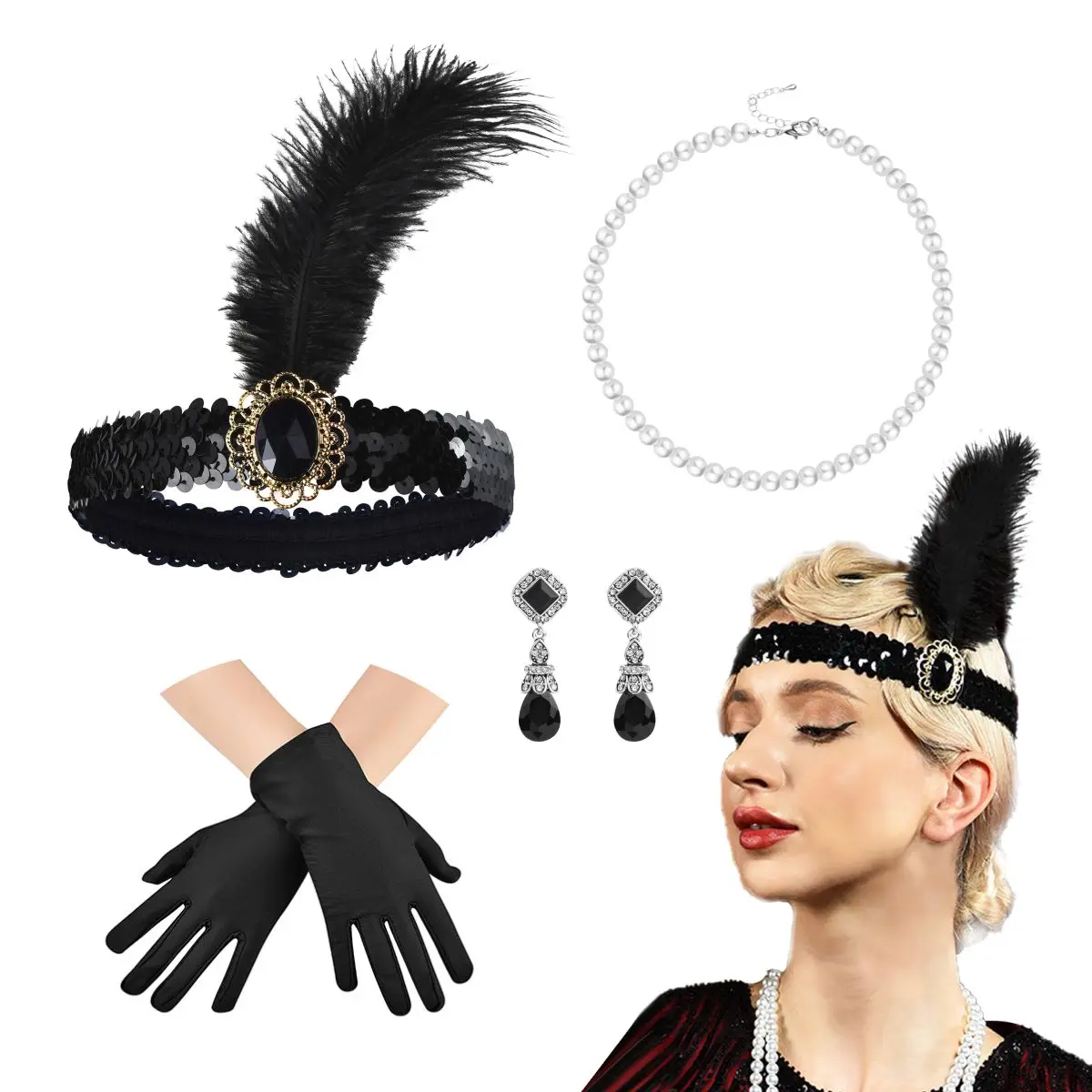 

4pcs 1920s Gatsby Women Feather Headband Necklace Earrings Short Gloves Ball Makeup Party Halloween Carnival Party Accessories