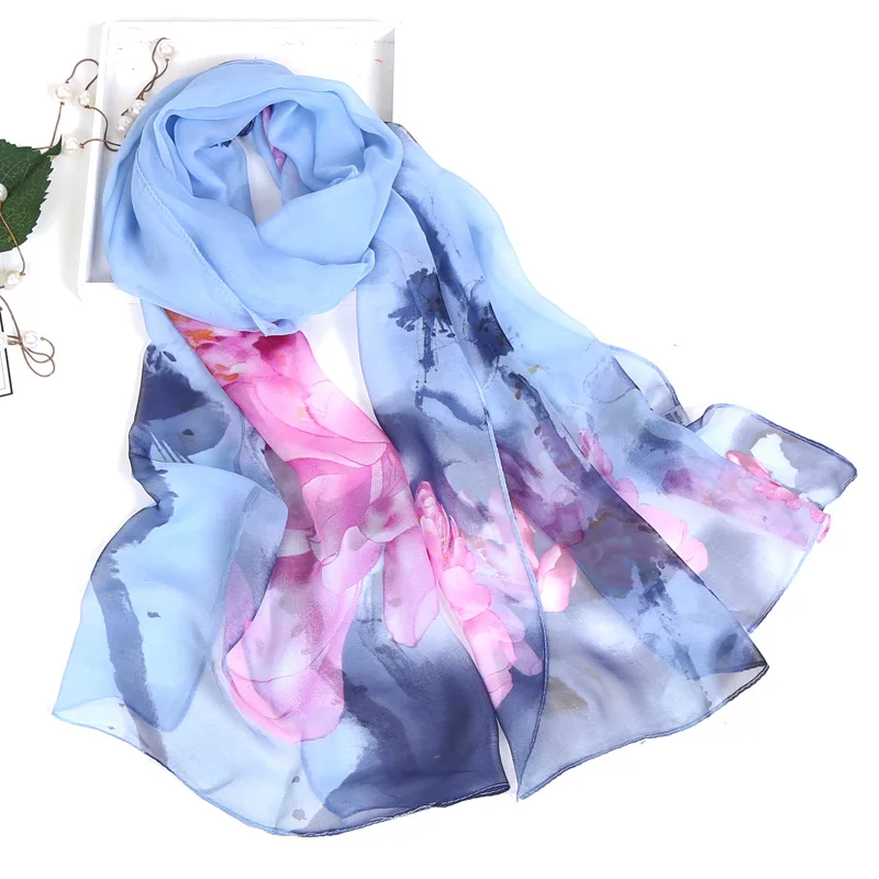 Spring Autumn Women Ink Lotus Chiffon Scarf Gentle Garden Style Lightweight Thin Neck Soft Fashion Daily Decor Shawl