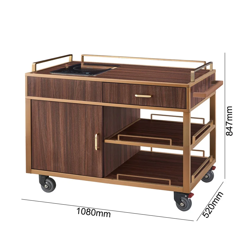 Modern Restaurant Serving Cart 3 Layers Rose Gold Flambe Trolley Single Induction Cooker Oven Drawer Handle for Home Bar Hotel