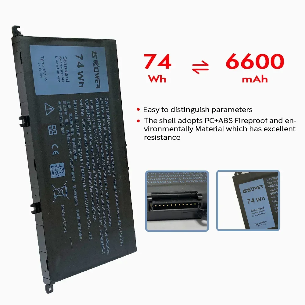 SKOWER 74Wh 357F9 Laptop Battery For Dell Inspiron 15 7000 Gaming 5576 5577 7557 7559 7566 7567 7759 P57F P65F 0GFJ6 71JF4