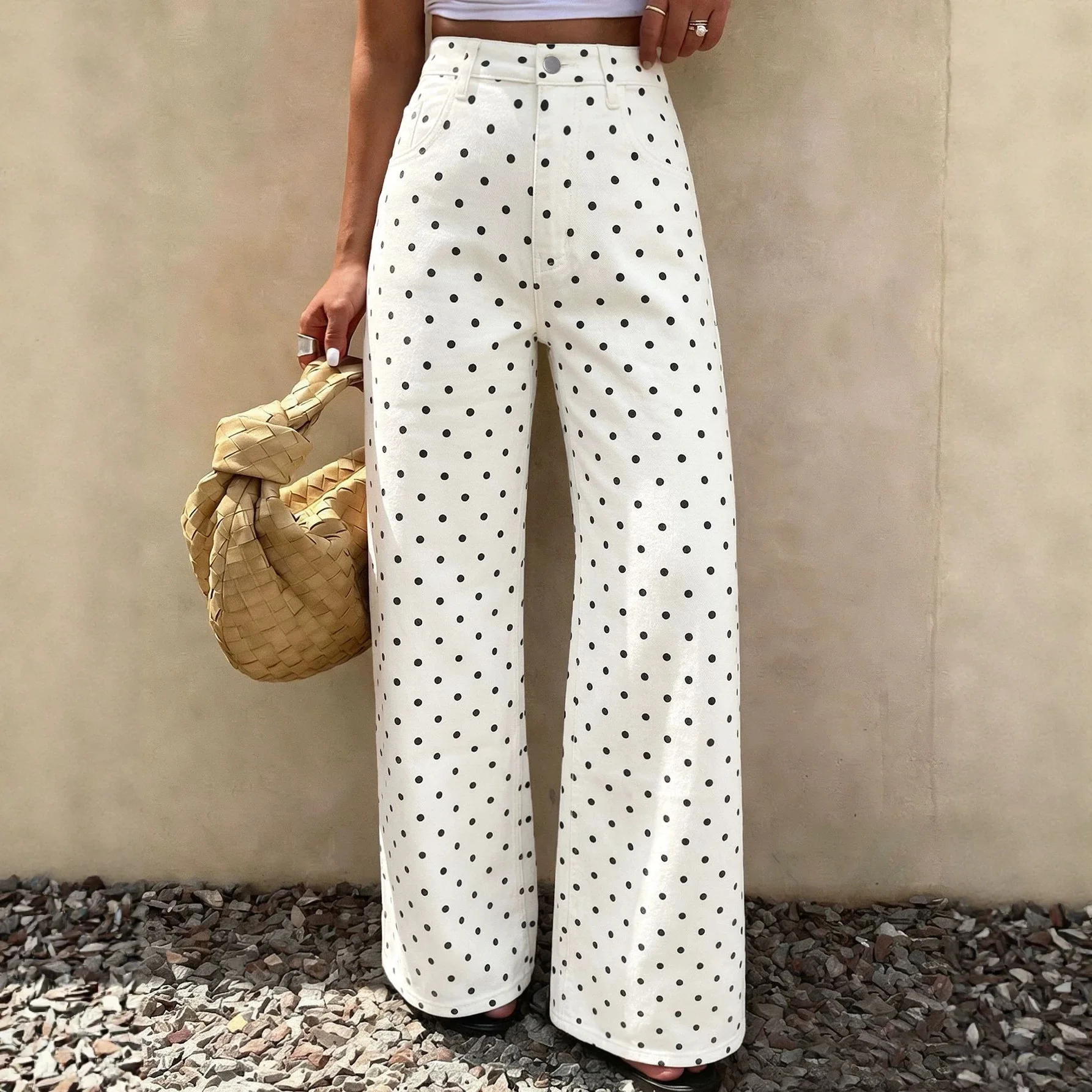 Denim Pant Women Wide Leg Long Pants Dot Print Jeans Loose High Waist Straight Trousers Work Y2k Streetwear Elegant Vintage 2026