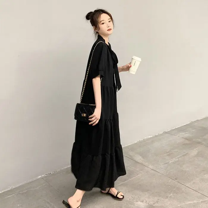 Women Summer 2024 Elegant Vintage Korean Fairy Casual Honeymoon Vacation Night Dresses New Bow French Fairy Dress Girl D251