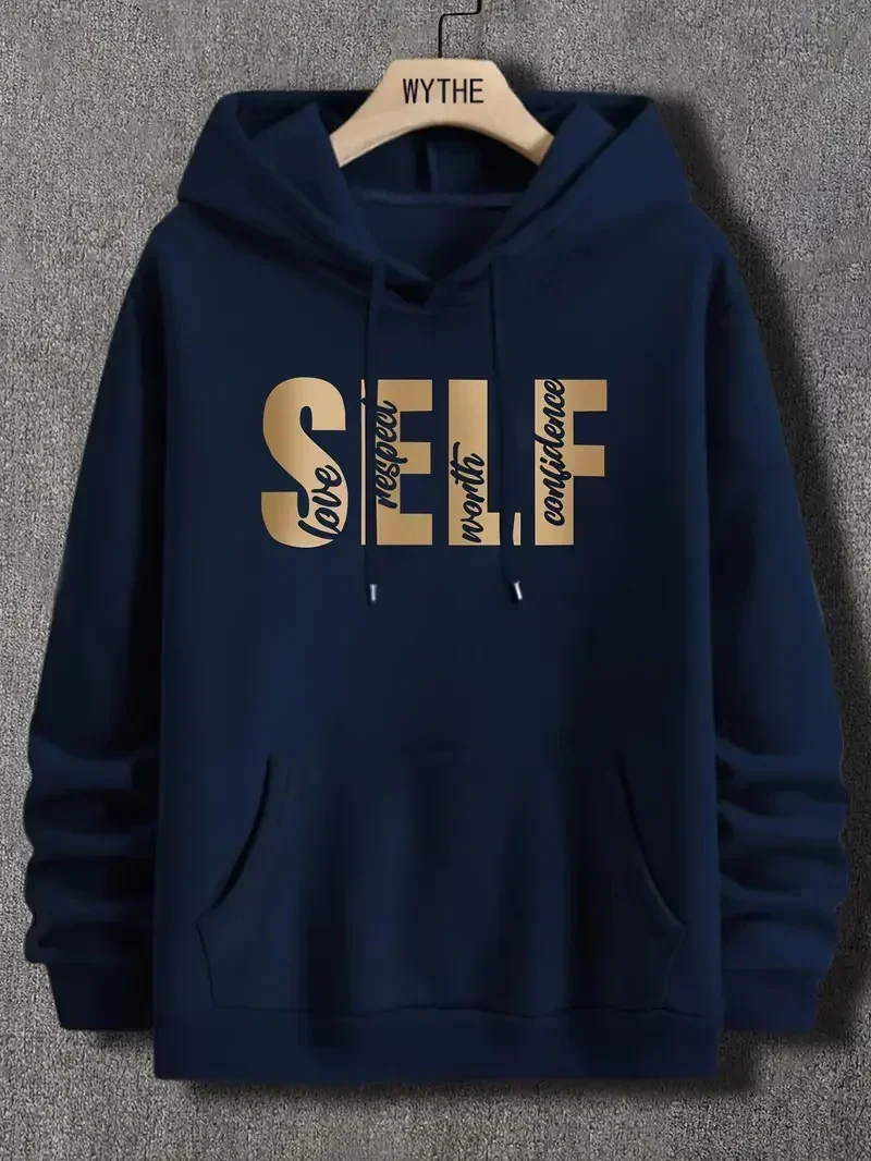 Men Golden Self Letters Print Hooded Sweatshirt Casual Loose Graphic Hoodies for Male with Kangaroo Pocket Pullover Comfy Cloth