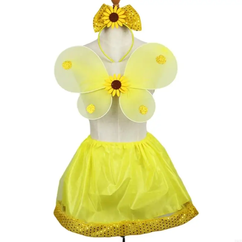 

H58E Fairy Princesses Costumes with Fairy Wing Tutus Skirt Headbands for Birthday Halloween Party Childrens Day Stage Props