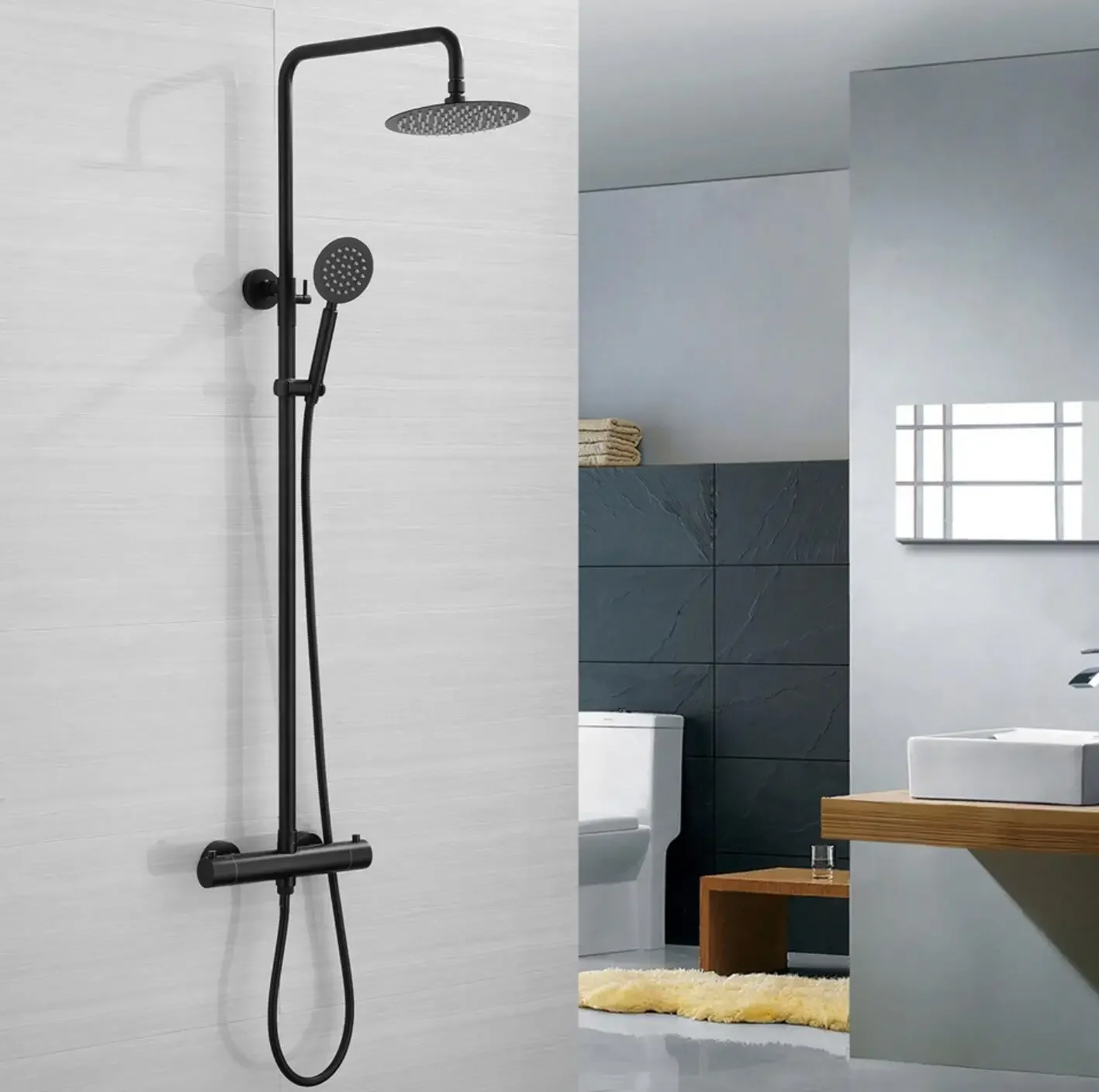 Set doccia a temperatura costante nero opaco esposto in acciaio inossidabile di lusso soffione a pioggia ultrasottile con palmare